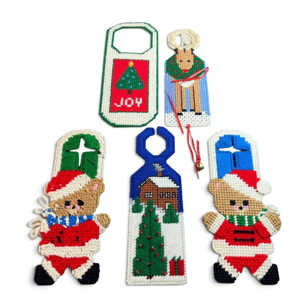 Vintage Handmade Needlepoint Christmas Door Hangers Set of 5